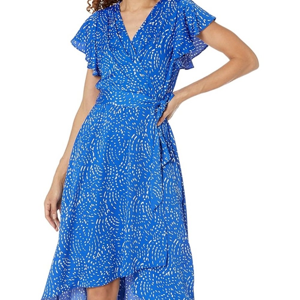 DKNY - Royal Blue and White Print Semi-Formal V-neck Wrap Dress Size 16